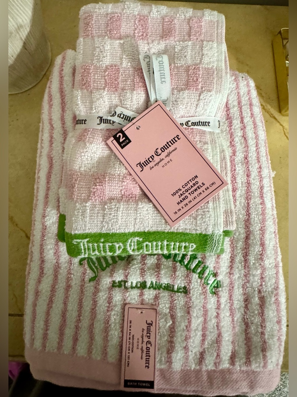 Juicy Couture Pink & Green Striped Towel Set NEW - Picture 8 of 8
